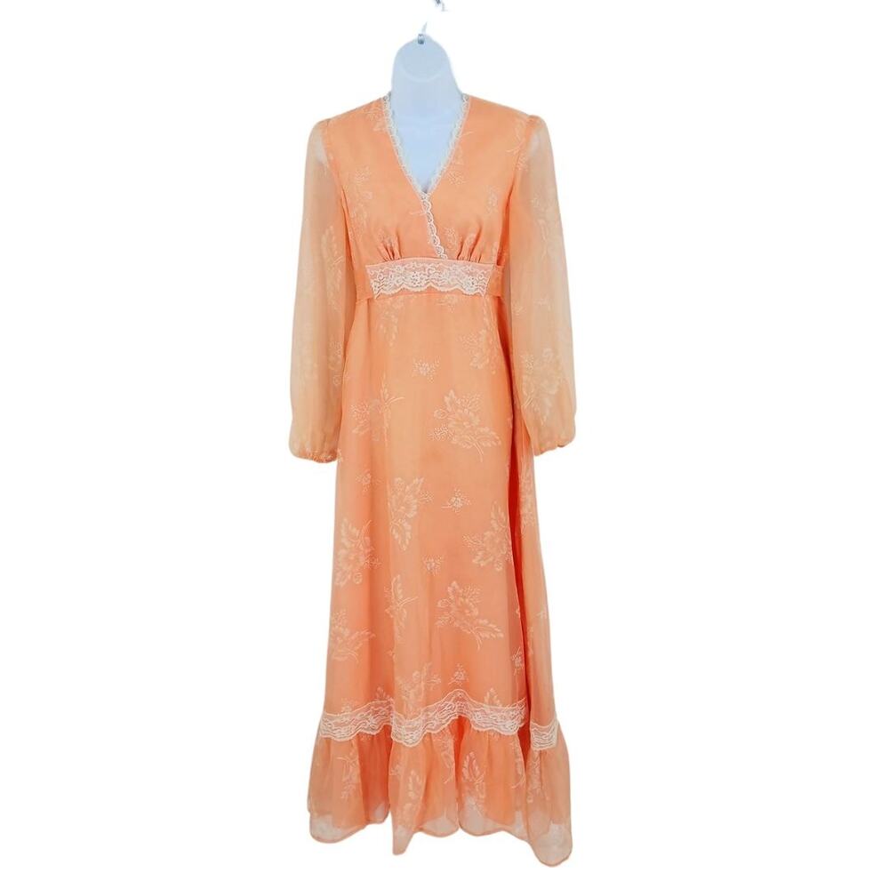 Vintage Peach & Ivory Lace Floral Print Tie Back Cottage Core Prairie Maxi Dress